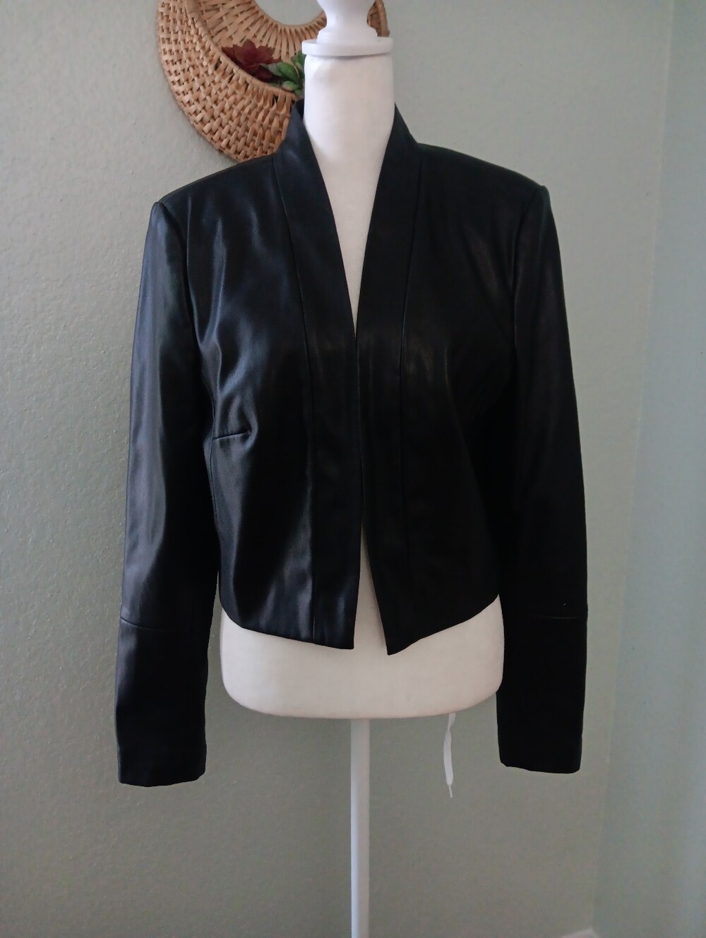 Calvin Klein Black Faux Leather Open-Front Jacket Cropped
